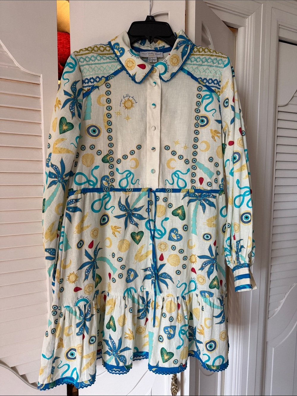 Never Fully Dressed White Tiered Shirt Dress with Teal, Yellow & Blue Motif